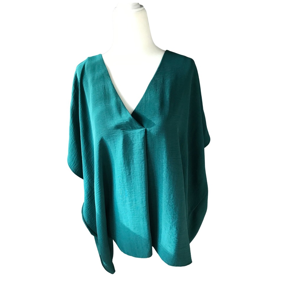 Entro Teal Green V-Neck Pleated‎ Front Dolman Sleeve Blouse Top Large 6583